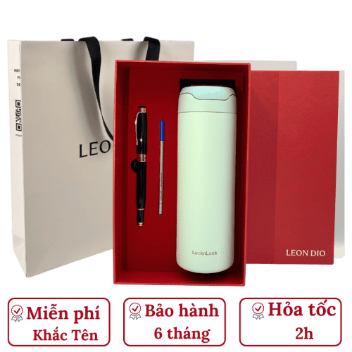 Bộ Quà Tặng Bình Chính Hãng LocknLock DANDY ONETOUCH TUMBLER Màu Xanh Nhạt 420ml – Bút Ký Tên Leon Dio (Giá Liên Hệ)