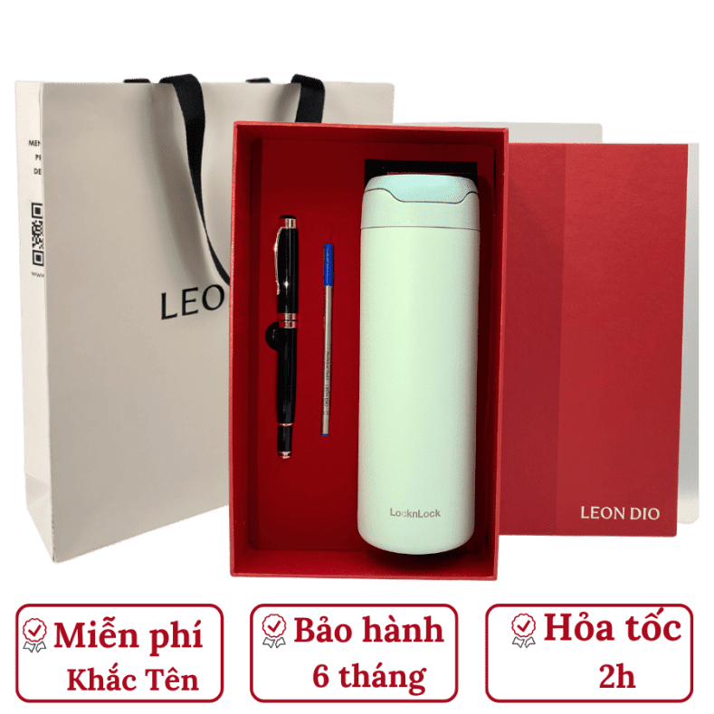 Bộ Quà Tặng Bình Chính Hãng LocknLock DANDY ONETOUCH TUMBLER Màu Xanh Nhạt 420ml – Bút Ký Tên Leon Dio (Giá Liên Hệ)