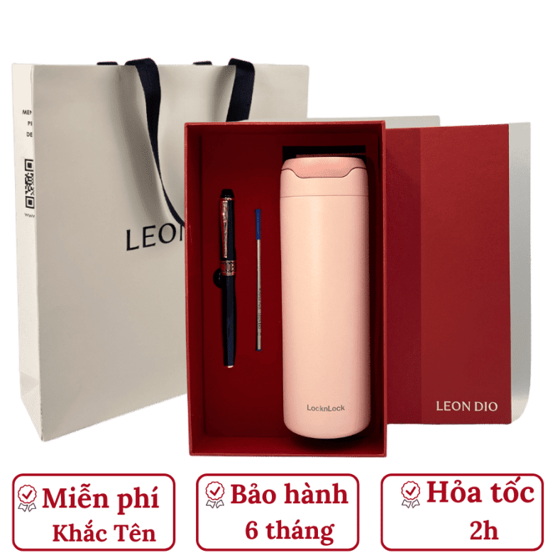 Bộ Quà Tặng Bình Chính Hãng LocknLock DANDY ONETOUCH TUMBLER Màu Hồng 420ml – Bút Ký Tên Leon Dio (Giá Liên Hệ)