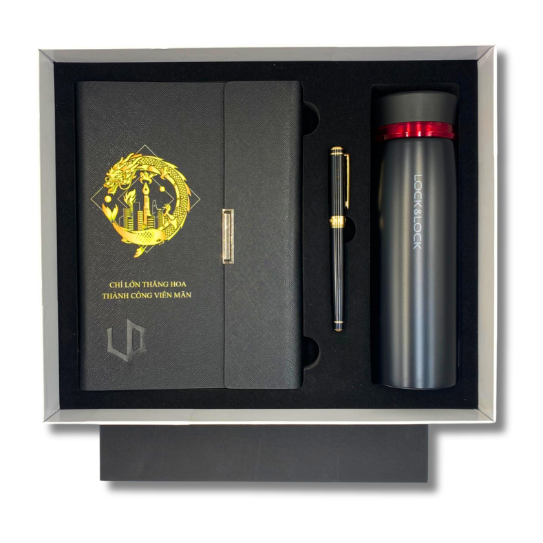 Bộ Quà Tặng Bình Chính Hãng LocknLock – Bút Ký Tên Leon Dio - Sổ Da Bìa Còng (Giá Liên Hệ)