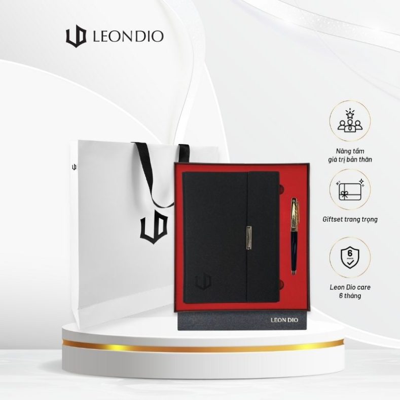 GiftSet Cao Cấp Sang Trọng Sổ Leon Dio - Bút Elite Air Gold 24K
